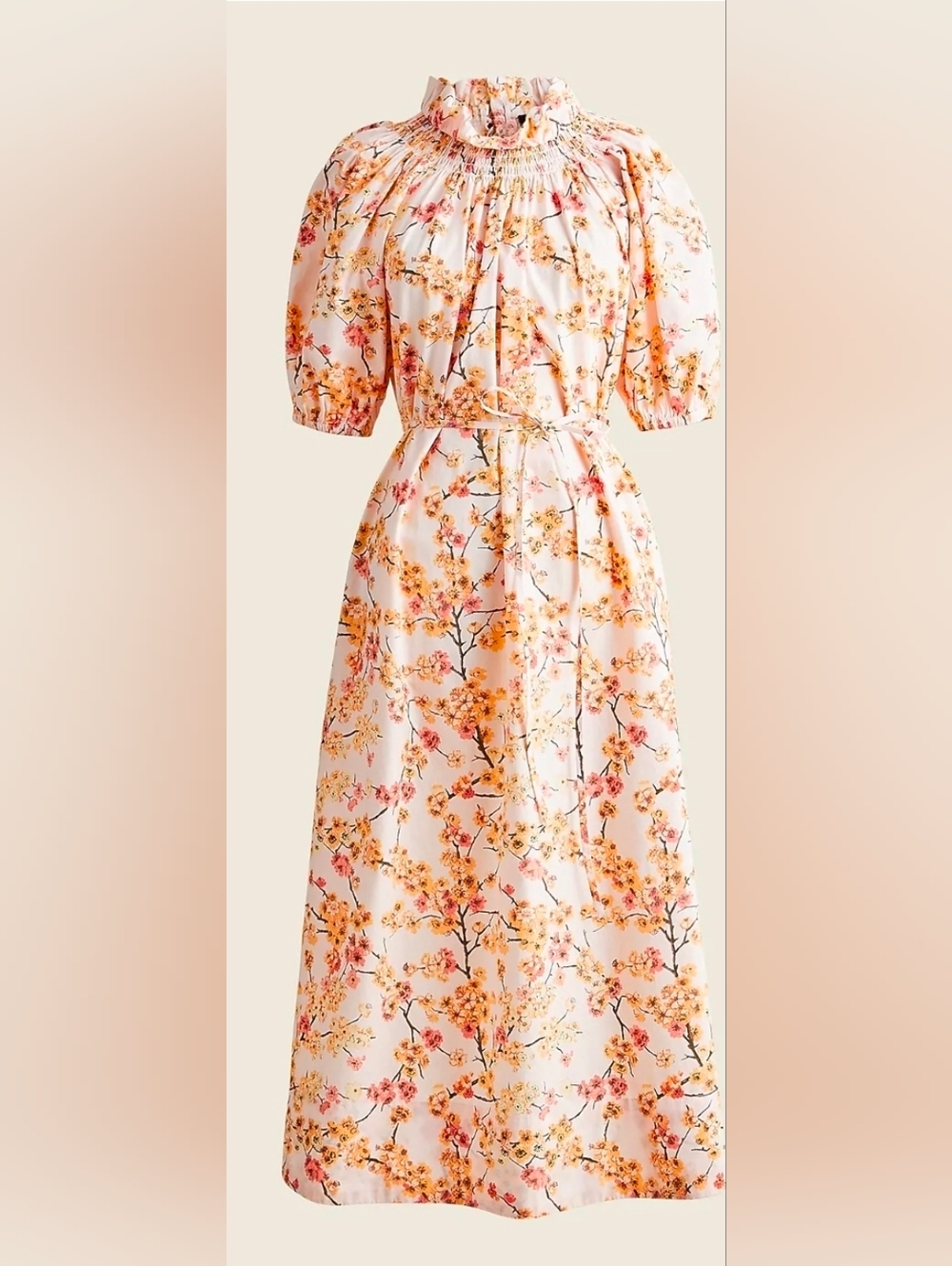 J. CREW Smocked Neck Puff Sleeves Midi Dress in Cherry Blossoms Floral Size XXL